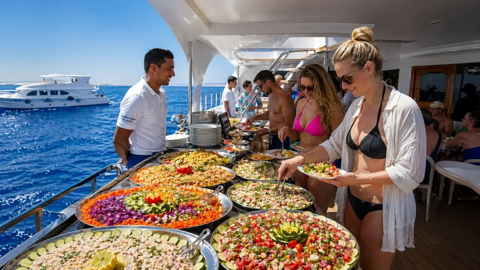Guests in swimwear serving themselves from a long buffet table of salads on the boat's deck.