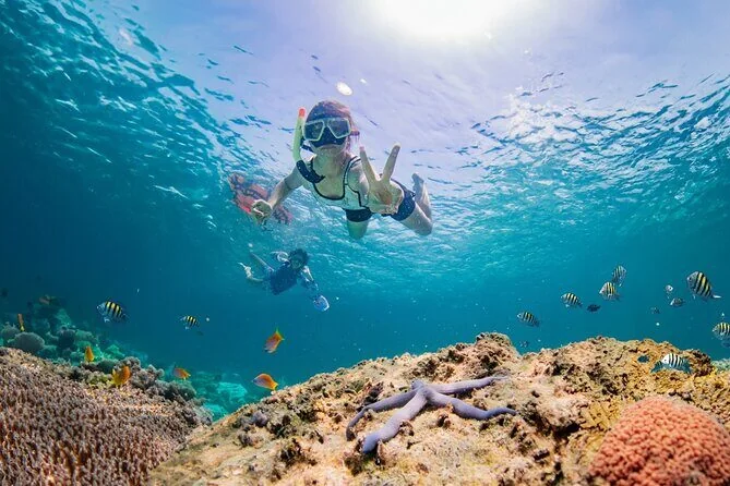 Woman snorkeler giving a peace sign underwater above a coral reef with a blue sea star and fish.