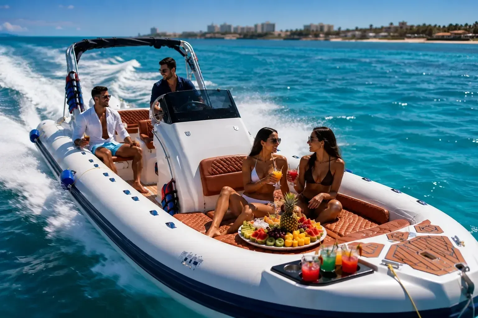 Two couples relax on the cushioned seating of a moving speedboat, drinking cocktails beside a tray of fresh pineapple and fruit, with a coastline in the background.