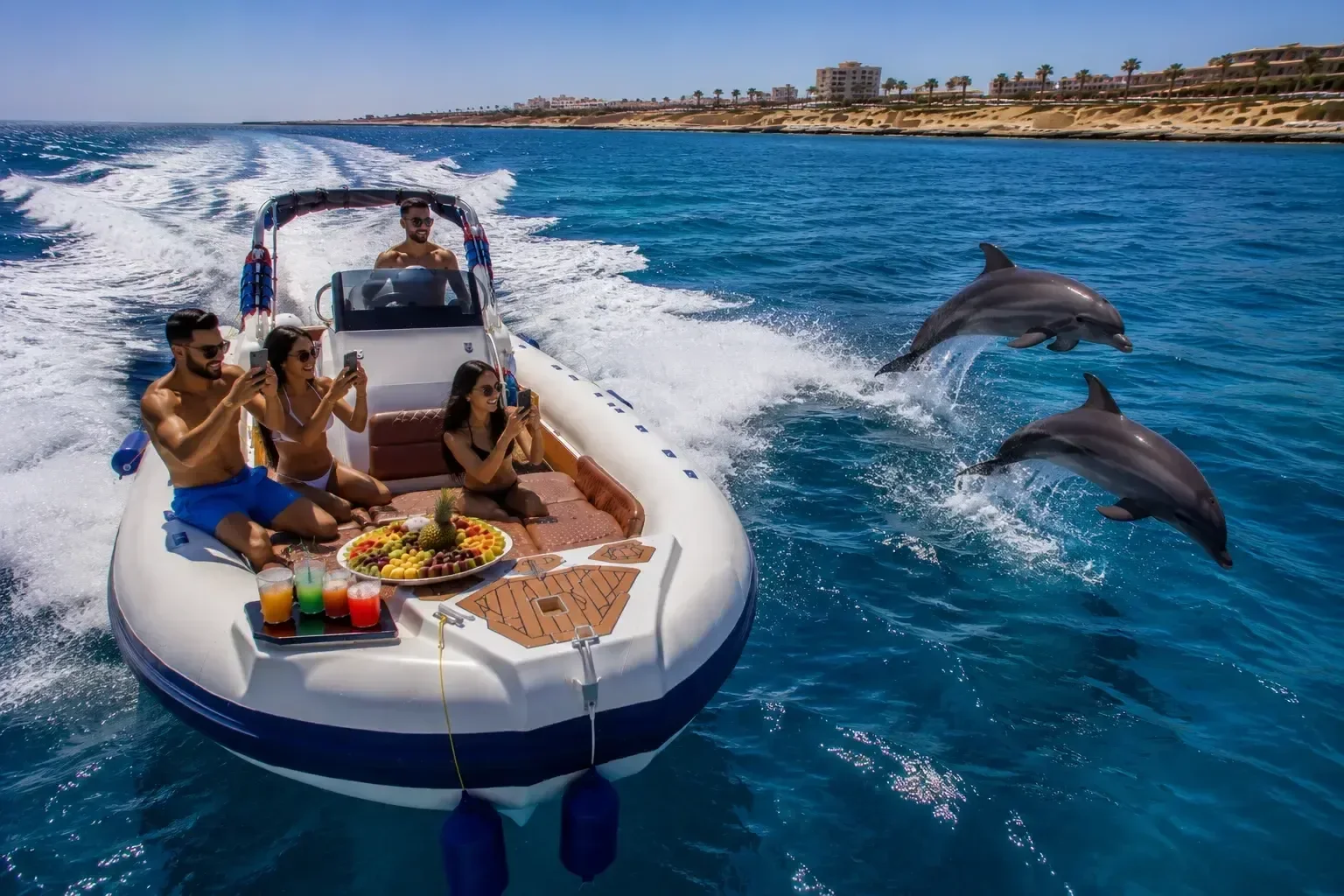 Three passengers on a speedboat photograph two dolphins leaping out of the water beside the boat, with a fruit platter and drinks on board and a resort coastline in the distance.