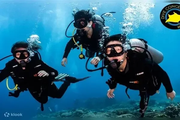 Three scuba divers underwater looking at the camera, releasing bubbles from their regulators.