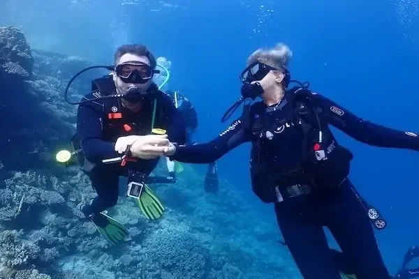 Two scuba divers underwater near a coral reef, one holding out an object for the other to examine.