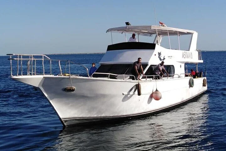 White motor yacht named Mermaid with crew members standing on deck at sea near a distant coastline
